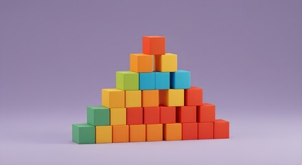 Multicolored cubes form pyramid on lavender background. This geometric shape is ideal for presentations, education, and web design.