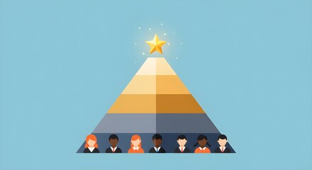 Blue career pyramid shows diverse team ascending to a glowing star. Branding, posters.