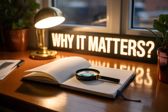 Why it matters? lightbox on desk with notebook, magnifying glass, lamp providing an inviting, reflective workspace scene