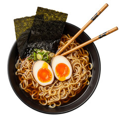 Bowl of ramen noodles with egg, seaweed, and chopsticks, isolated transparent PNG, authentic Japanese cuisine element perfect for menu, culinary, and food design