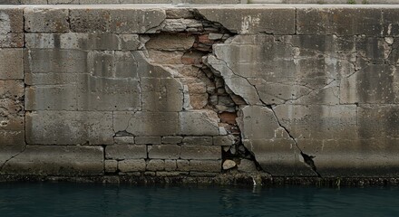 Cracked concrete wall texture background with water damage and erosion stock photo for construction -