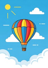 Vibrant hot air balloon ascends through a cheerful sky illustration with sun and clouds