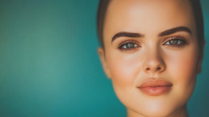 Portrait of a young woman with striking features against a blue background