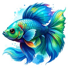 Fototapeta premium Vibrant illustration of a betta fish with intricate scales and flowing fins, showcasing a dynamic, colorful composition against a backdrop of watercolor splashes.