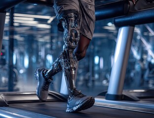 Person with prosthetic leg running on treadmill in gym