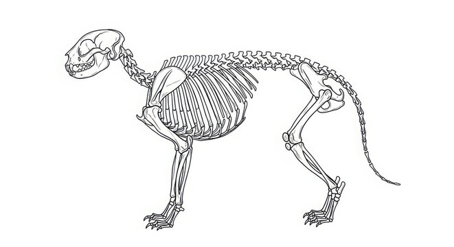 Detailed anatomical view of a feline skeleton highlighting its skeletal structure and bone formation in a clear line drawing representation for educational purposes