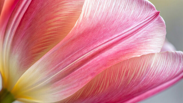 Extreme close up of delicate pink and white tulip petals with visible veins flower