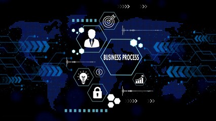 Digital business process flow chart with global map and icons flowchart world map