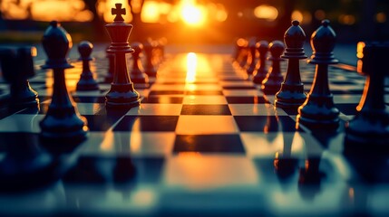 Chessboard illuminated with glowing golden lights symbolizing teamwork, strategy, competition