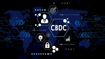 C B D C Central Bank Digital Currency concept with global map and financial icons CBDC finance