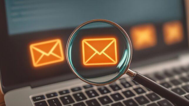 A magnifying glass focuses on an email icon on a laptop screen, highlighting communication and digital interaction.