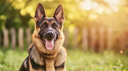 German Shepherd dog sitting on grass outdoor field with happy expression