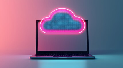 A modern laptop displays a glowing, animated cloud icon, suggesting themes of technology, data storage, and digital connectivity.