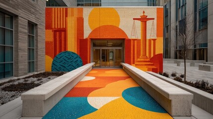 Court access ramp with justice mural beside entrance symbolizes inclusive law, fairness access, governance, ethics, protection, structure, accountability, rights, compliance, transparency