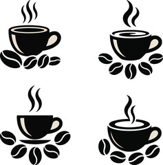 Obraz premium A set of hot coffee cup icons and a mug of cappuccino with a brown bean design