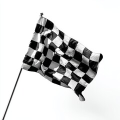 A racing checkered flag against a clear sky, flapping in the wind, symbolizing victory and the finish line.