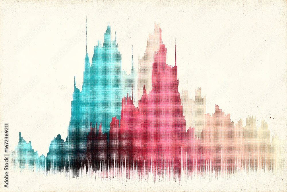 Poster sound wave visualization showing vibrant colors and peaks against a muted background in an abstract 