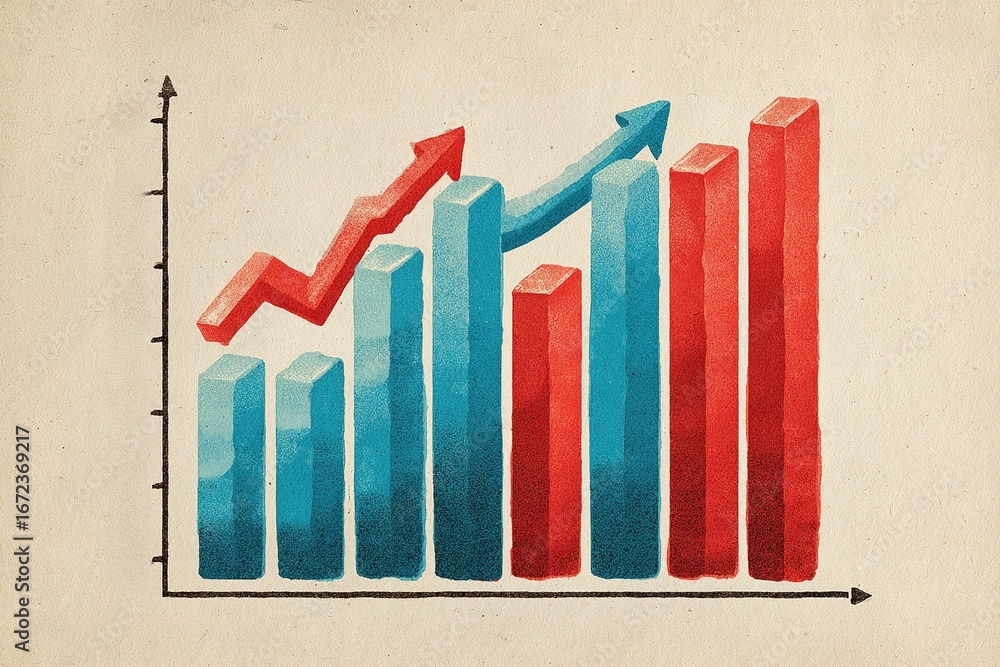 Poster data visualization showcasing growth trends in a vibrant color scheme with bar and line graphs