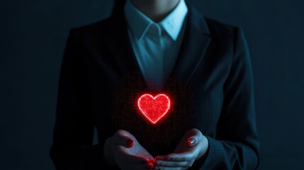 A person in a suit holds a glowing heart graphic, symbolizing love, connection, or passion against a dark background.