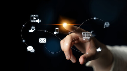 Omnichannel marketing journey showing interaction across media, email, messaging, mobile,...
