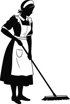 Vintage maid mopping floor elegant silhouette classic housekeeping service retro style domestic worker vector