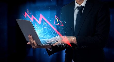 Economic caution visualized with fluctuating market graph, alert symbols, and negative data trends....