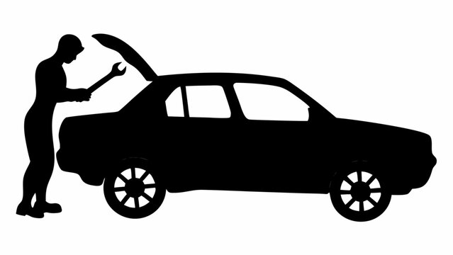 Silhouette of a mechanic holding a wrench next to a car with the trunk open for repairs and maintenance
