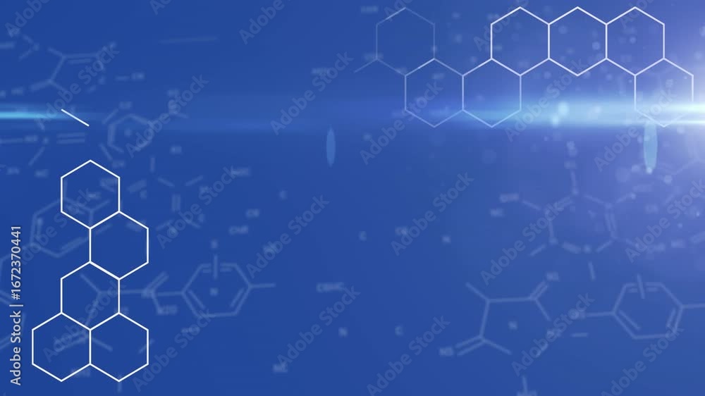 Poster animation of light spot over chemical structures and hexagonal shapes against blue background