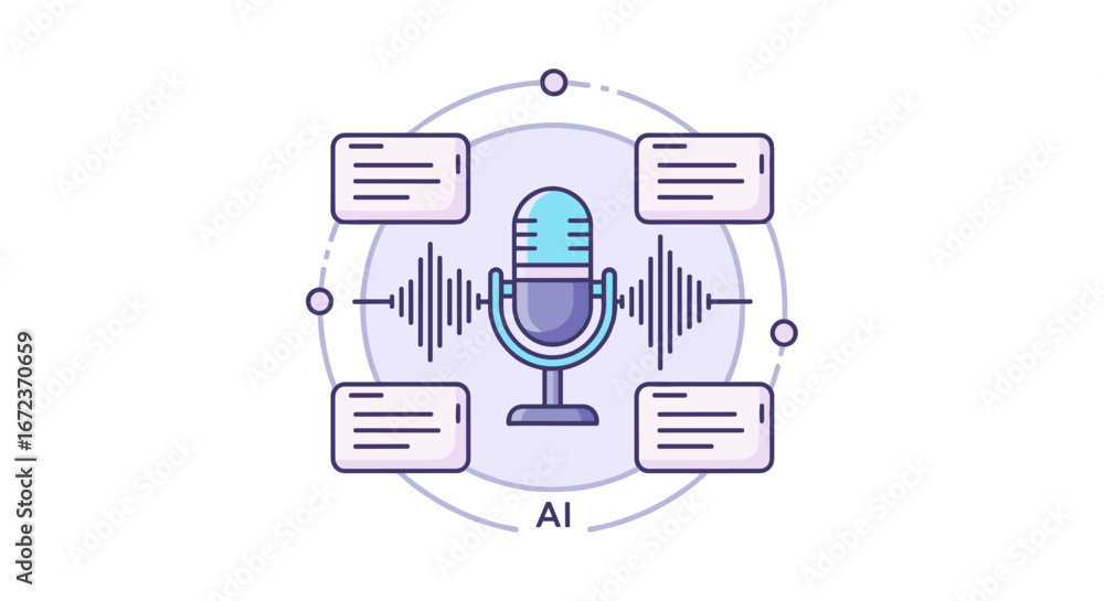 Poster an illustration depicting artificial intelligence processing voice commands and converting audio int