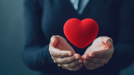 Fototapeta premium A pair of hands gently holds a red heart, symbolizing love and care against a soft, blurred background.