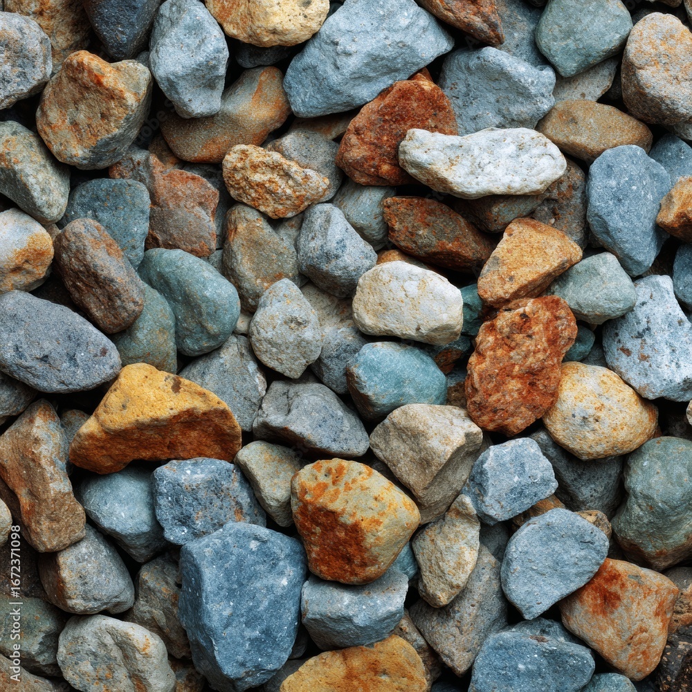 Poster an array of stones creating a colorful pattern. the stones are in a mix of shapes, textures and hues