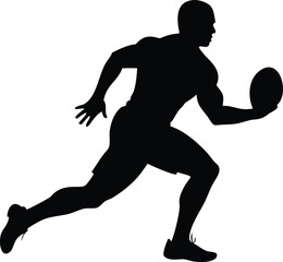 Silhouette of an Athlete Running with a Football Showing Strength and Determination in Sports and Recreation Activities on a White Background