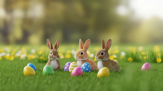 Three adorable brown bunnies sit together in a beautiful sunlit spring meadow filled with yellow flowers surrounded by a collection of colorful and decorated Easter eggs