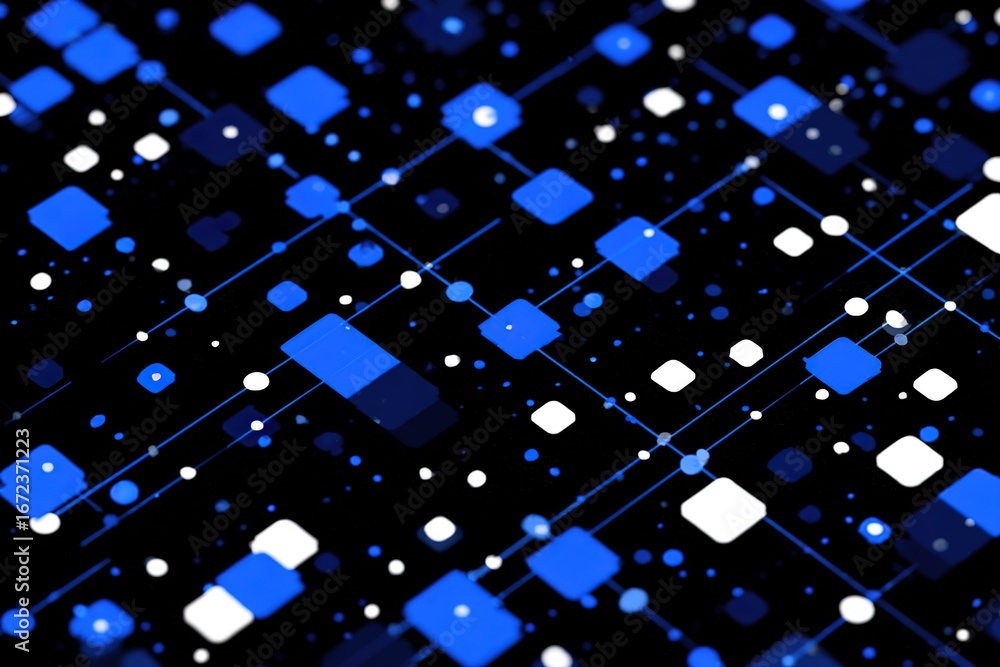 Poster blue and white geometric patterns create a digital network design on a dark background