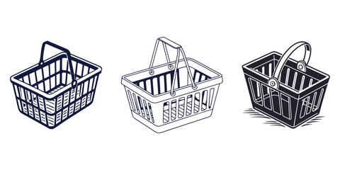 vector icon of an empty plastic shopping basket for market, store, or e-commerce, A simple vector set of picnic basket icons design, Plastic Shopping Basket With Black Handles In Isometric 3D Style.