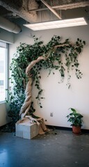 Ivy-covered tree sculpture on a concrete plinth.