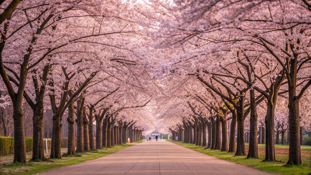 Tree-lined pathway covered in blooming pink cherry blossoms in spring sakura pink flowers