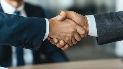 A close-up of two hands shaking, symbolizing agreement and partnership in a professional setting.