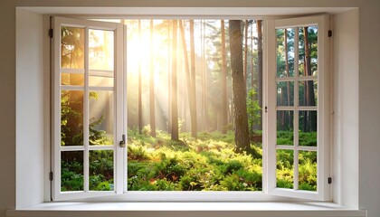 A sun-drenched forest scene visible through an open bay window, showcasing lush greenery and sunlight beams.