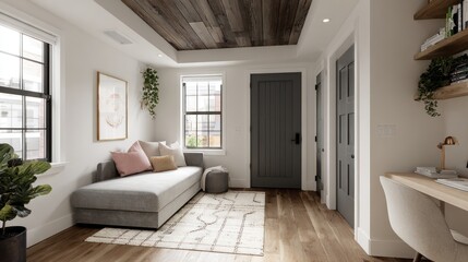Modern Cozy Living Room with Gray Couch and Wooden Ceiling in Bright Natural Light