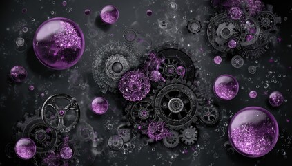 Intricate gears and shimmering purple orbs create a mesmerizing dark aesthetic, showcasing a complex interplay of mechanical and ethereal elements.