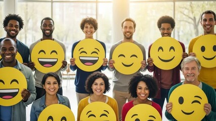 A large and diverse group of smiling business professionals of different ages and ethnicities hold up yellow smiley face emojis representing happiness customer satisfaction and positive feedback