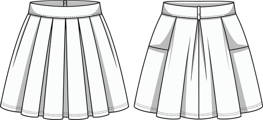 Mini pleated tennis skirt technical drawing, vector flat fashion sketch template, sports casual apparel design mockup, front and back view

.
