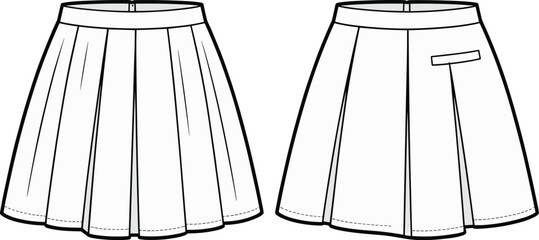 Mini pleated tennis skirt technical drawing, vector flat fashion sketch template, sports casual apparel design mockup, front and back view  . © Arman Creatives
