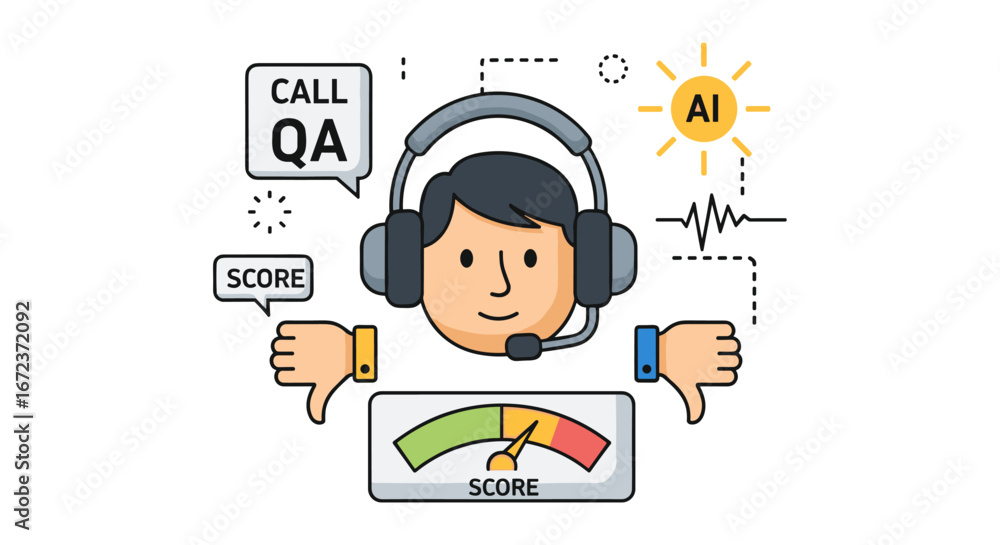 Poster a modern flat line illustration showing a call center agent with a headset, integrating ai for quali