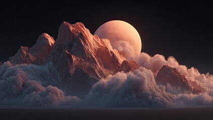 Dramatic mountain range rising above clouds with a large celestial body.