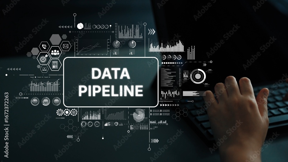 Poster hand interacting with data pipeline graphics, showcasing visual analytics, data flow, and digital in
