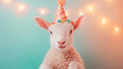 Cute lamb wearing party hat in colorful festive setting