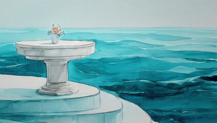 A round table by the sea, depicted in watercolor.