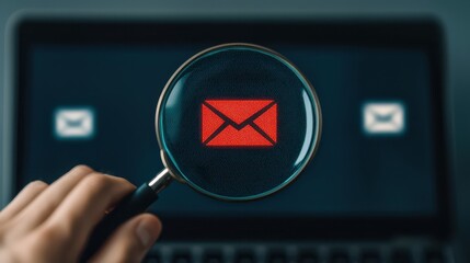A hand holding a magnifying glass over a computer screen displaying an email icon, symbolizing email scrutiny or investigation.